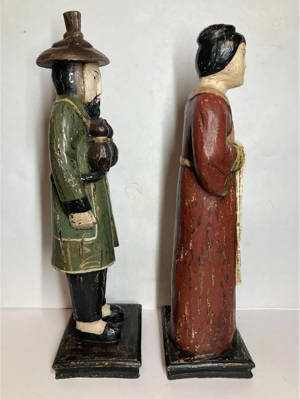 Vintage 1960s Carved Wood Asian Man Woman Painted Figurines Folk Art Philippines